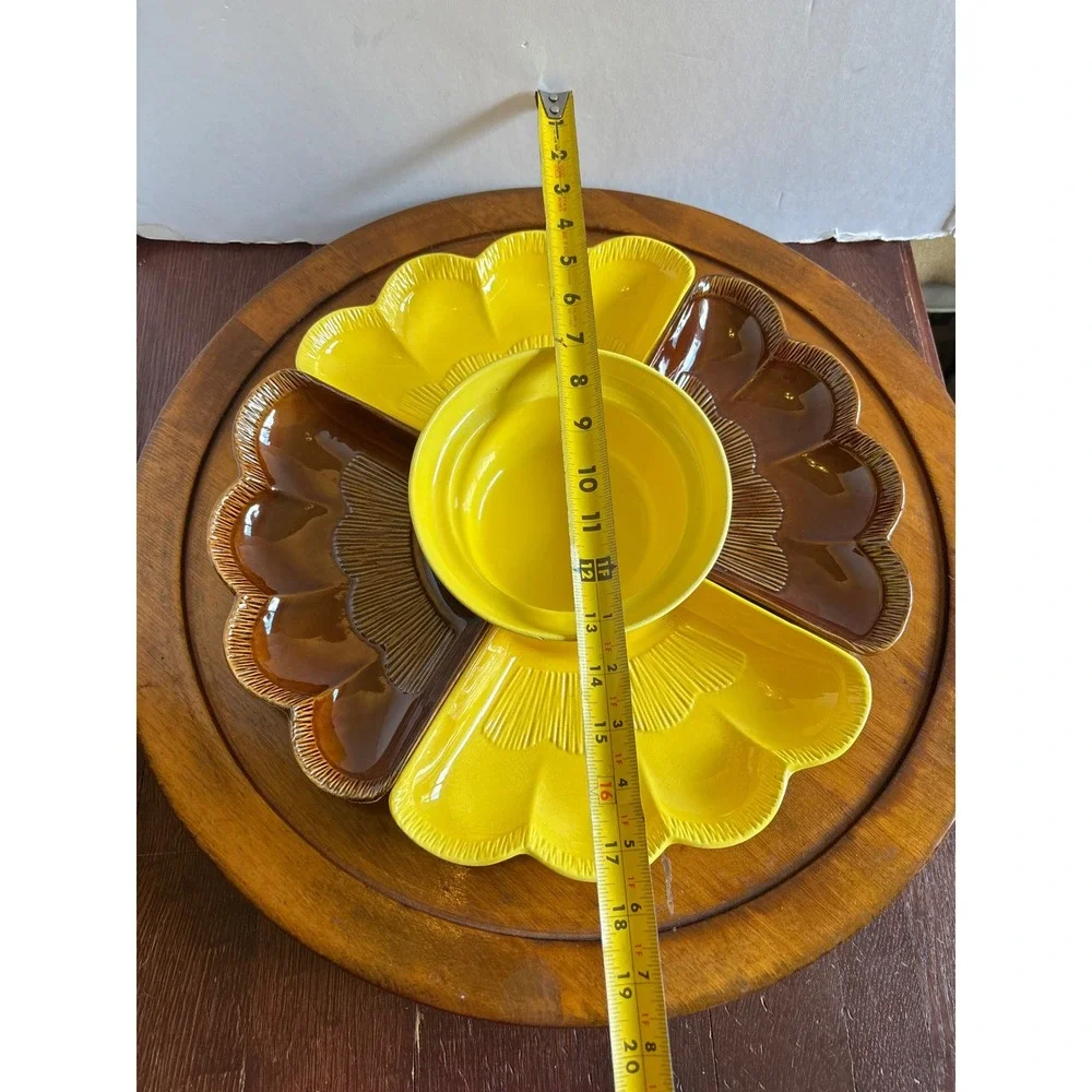 Vintage California USA L69 Lazy Susan Set Yellow Brown Scalloped Pottery 6pc 19